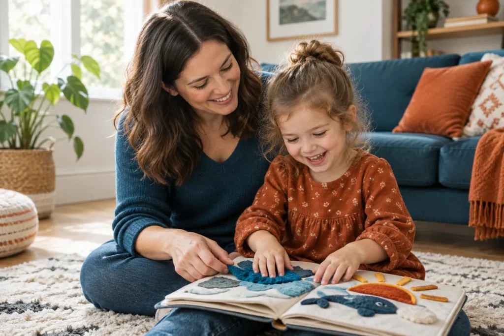 En flicka känner på en taktil bilderbok tillsammans med sin mamma