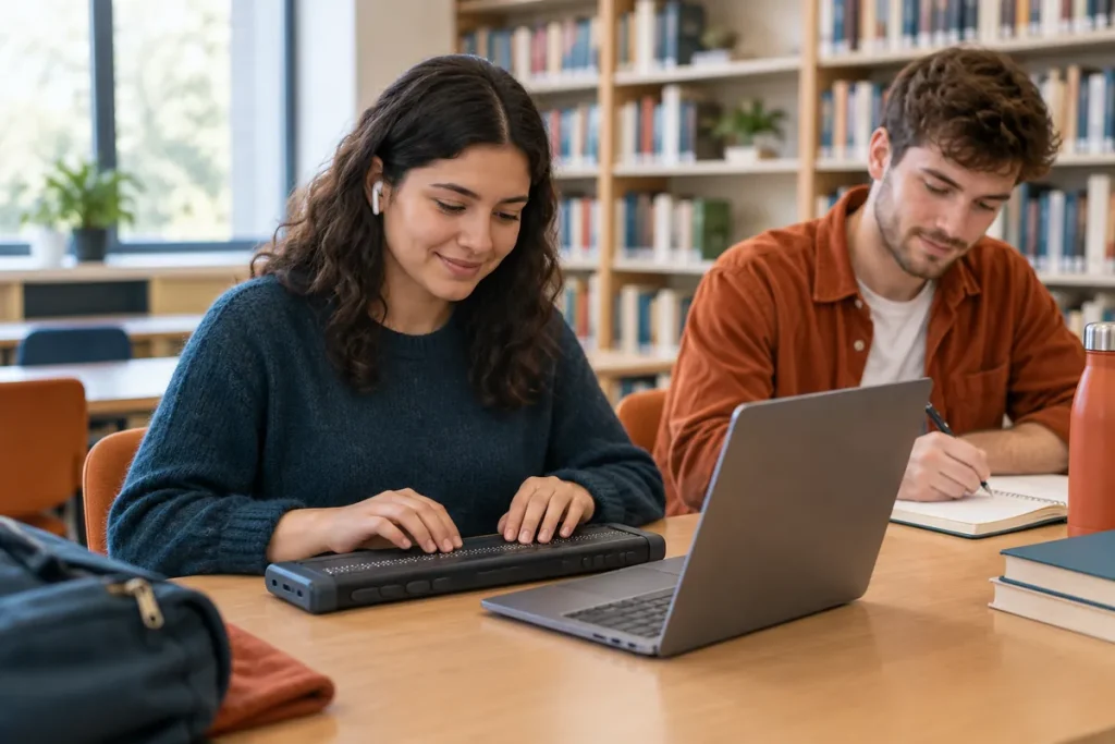 En blind student läser en e-textbok på en punktskriftsdisplay
