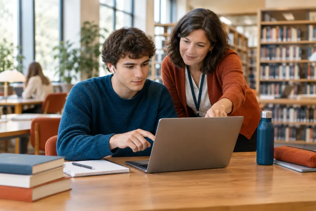 En student lyssnar på en talbok och följer texten på datorn med hjälp av en bibliotekarie