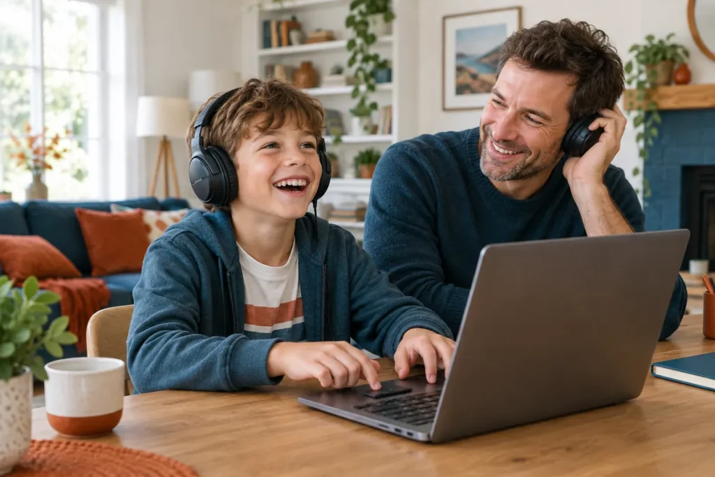 En pojke med hörlurar spelar ett ljudspel med piltangenterna medan hans pappa lyssnar