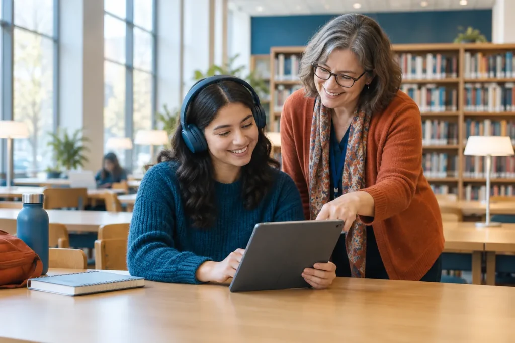 A student listens to a talking book on a tablet while a librarian helps her